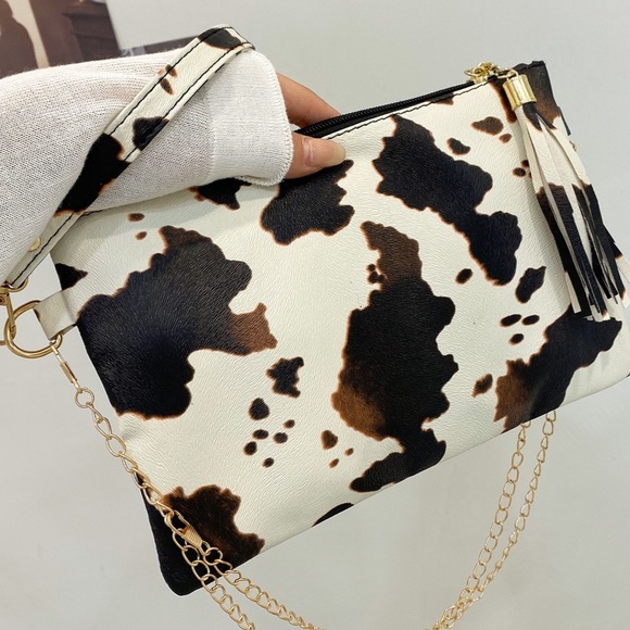 Bespoken For Handbags - Brown White Cow Print Tassel Clutch w/ Wrist Handle & Chain